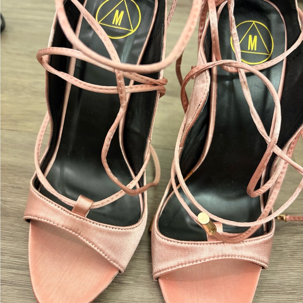 NWT Pink Satin Stiletto Heel Lace Up Sandals - Picture 10 of 13